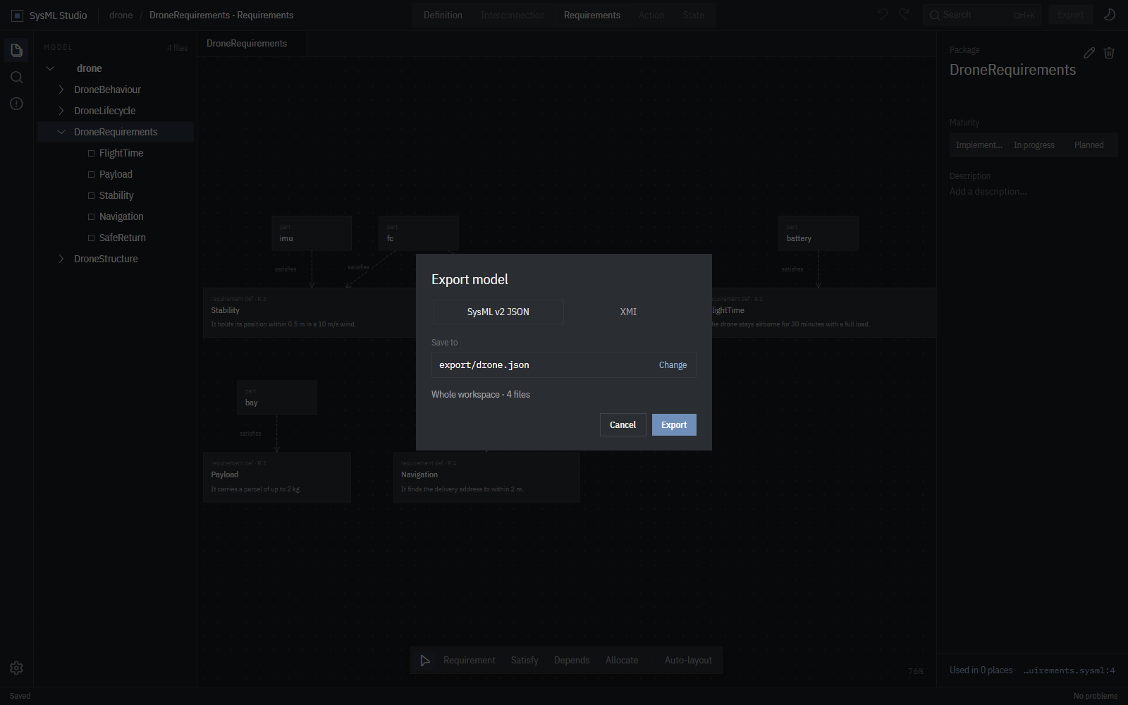 The export dialog offering SysML v2 JSON or XMI for the whole workspace.