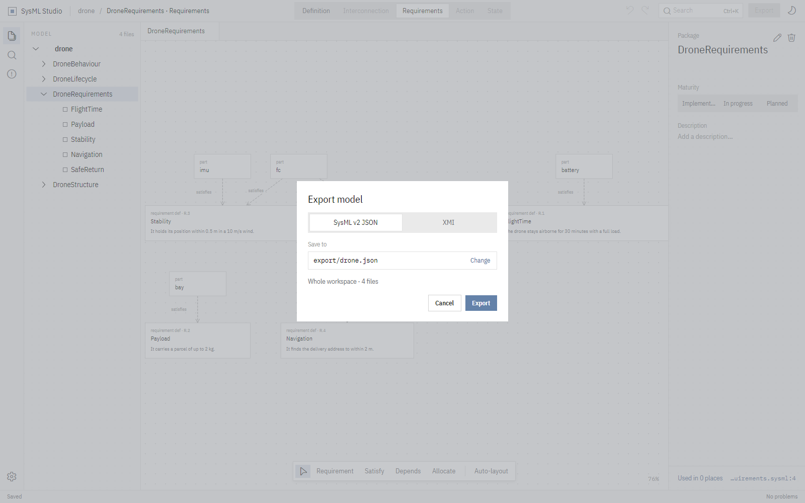 The export dialog offering SysML v2 JSON or XMI for the whole workspace.