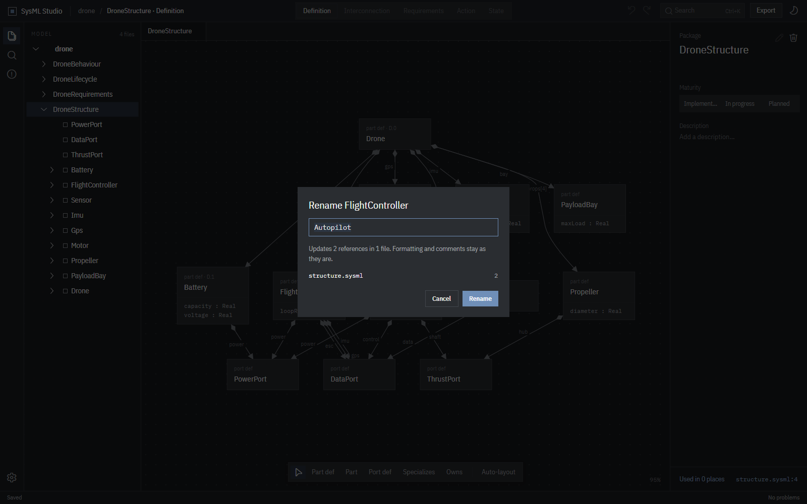 The rename dialog: renaming FlightController to Autopilot updates 2 references in 1 file, and formatting and comments stay as they are.