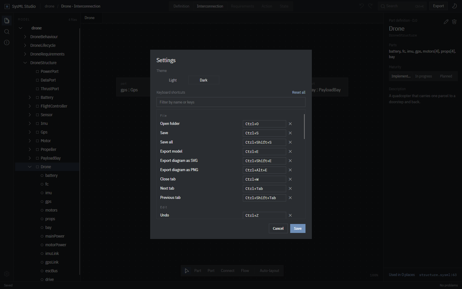 The settings dialog in the dark theme, listing keyboard shortcuts that can each be re-recorded.