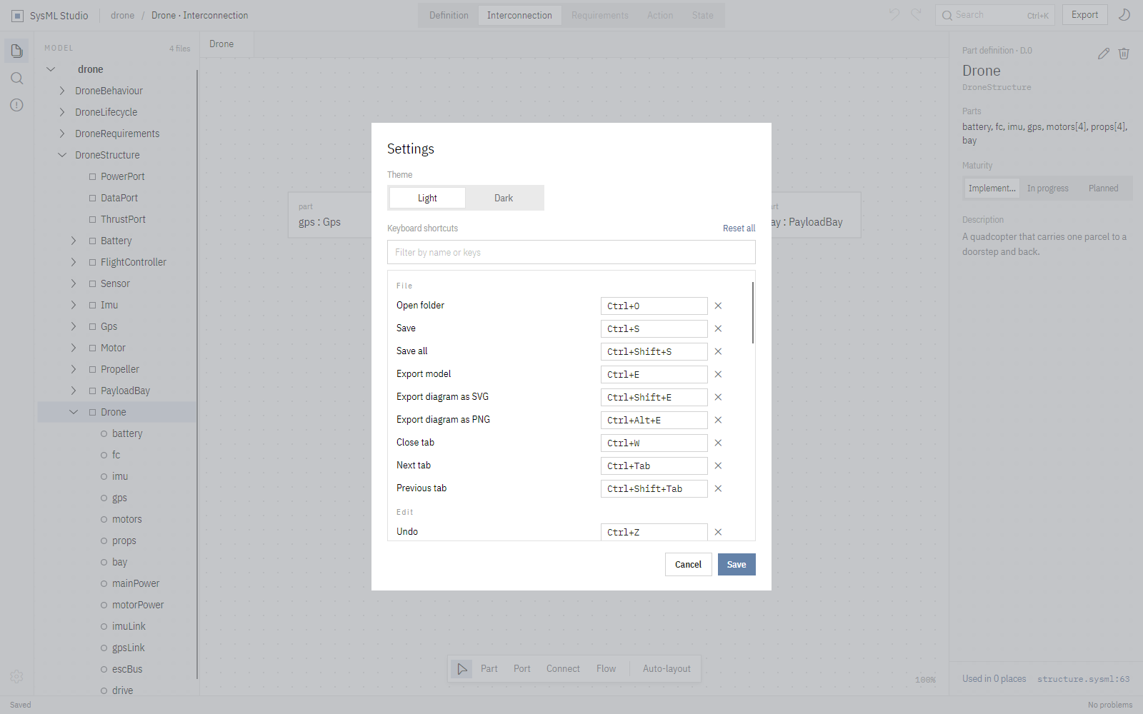 The settings dialog in the dark theme, listing keyboard shortcuts that can each be re-recorded.