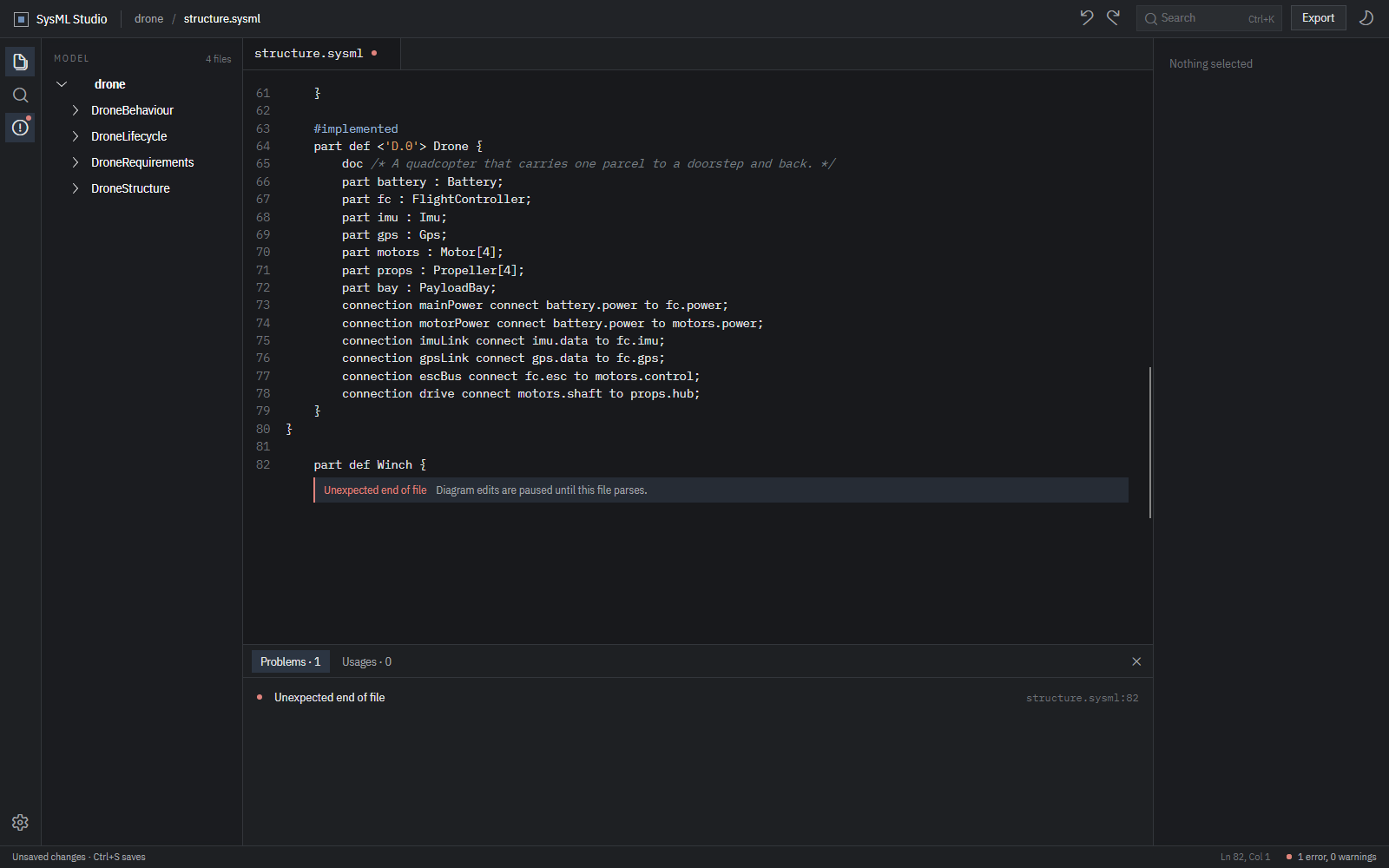 A source tab with an unclosed part definition: the error is shown inline and in the problems list, and diagram edits are paused until the file parses.