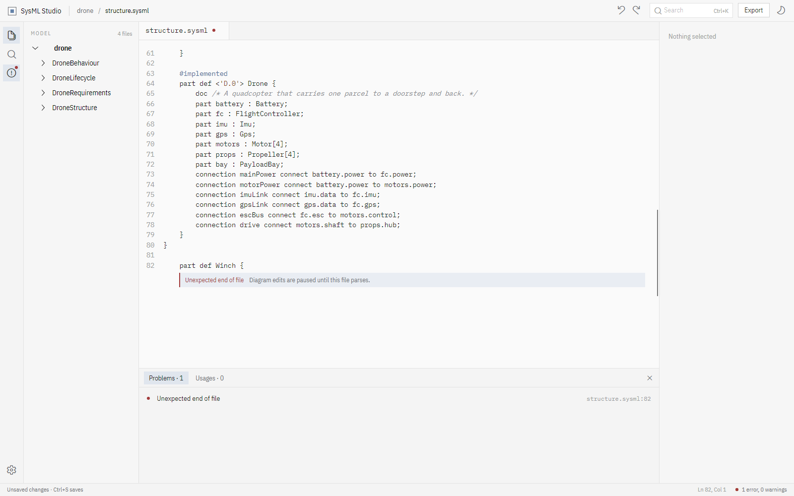 A source tab with an unclosed part definition: the error is shown inline and in the problems list, and diagram edits are paused until the file parses.